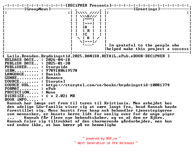 NFO for the release Laila.Brenden.Brydningstid.2025.DANiSH.RETAiL.ePub.eBOOK-DECiPHER by DECiPHER
