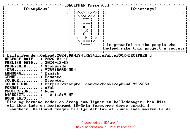 NFO for the release Laila.Brenden.Opbrud.2024.DANiSH.RETAiL.ePub.eBOOK-DECiPHER by DECiPHER