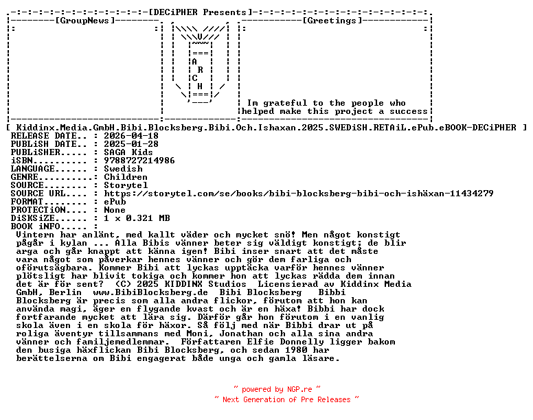 NFO for the release Kiddinx.Media.Gmbh.Bibi.Blocksberg.Bibi.Och.Ishaxan.2025.SWEDiSH.RETAiL.ePub.eBOOK-DECiPHER by DECiPHER