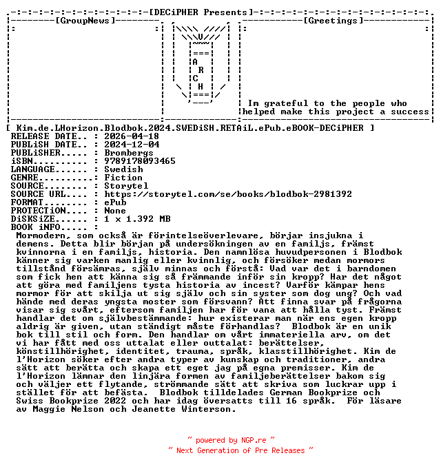 NFO for the release Kim.De.LHorizon.Blodbok.2024.SWEDiSH.RETAiL.ePub.eBOOK-DECiPHER by DECiPHER