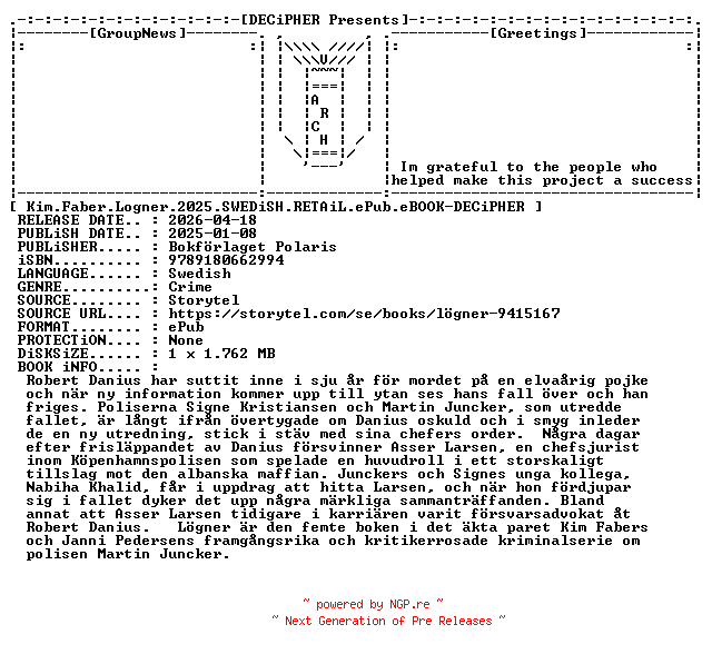 NFO for the release Kim.Faber.Logner.2025.SWEDiSH.RETAiL.ePub.eBOOK-DECiPHER by DECiPHER