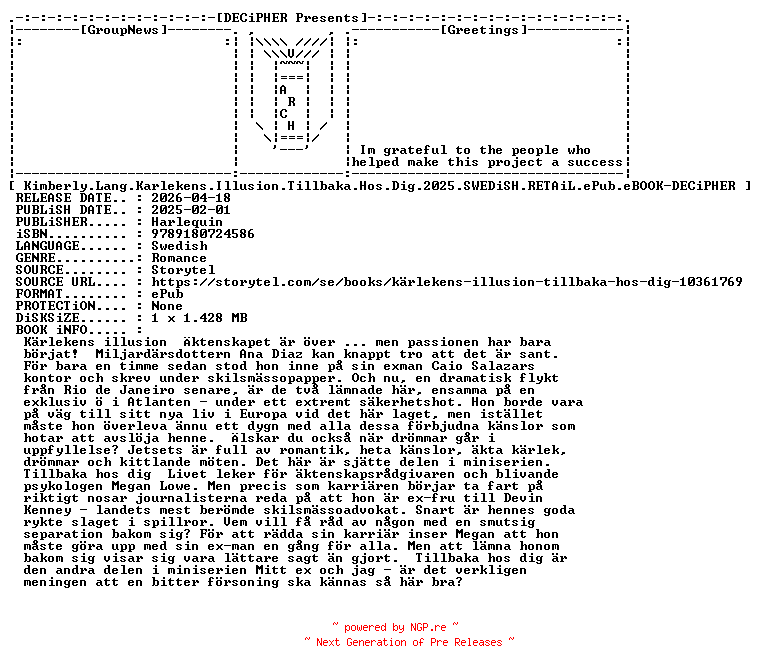 NFO for the release Kimberly.Lang.Karlekens.Illusion.Tillbaka.Hos.Dig.2025.SWEDiSH.RETAiL.ePub.eBOOK-DECiPHER by DECiPHER