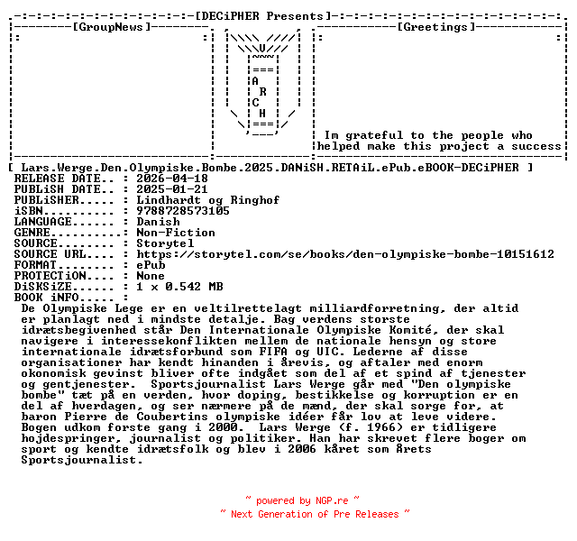 NFO for the release Lars.Werge.Den.Olympiske.Bombe.2025.DANiSH.RETAiL.ePub.eBOOK-DECiPHER by DECiPHER