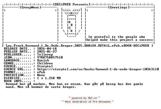 NFO for the release Lau.Frank.Hoemand.1.De.Onde.Krager.2025.DANiSH.RETAiL.ePub.eBOOK-DECiPHER by DECiPHER