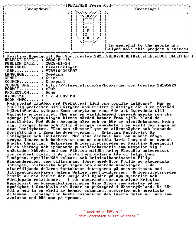 NFO for the release Kristina.Appelqvist.Den.Som.Torstar.2025.SWEDiSH.RETAiL.ePub.eBOOK-DECiPHER by DECiPHER