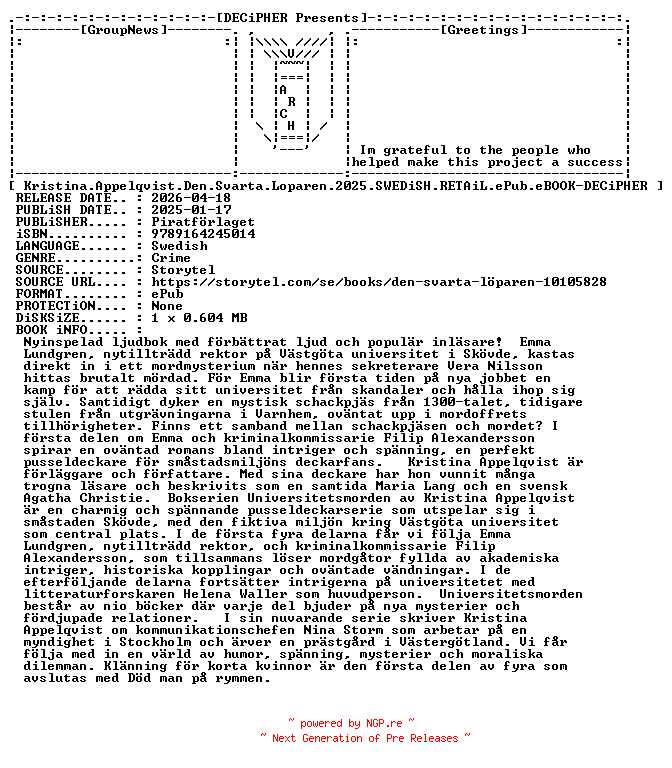 NFO for the release Kristina.Appelqvist.Den.Svarta.Loparen.2025.SWEDiSH.RETAiL.ePub.eBOOK-DECiPHER by DECiPHER