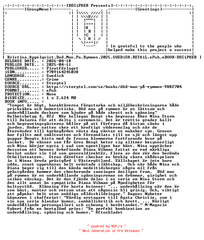 NFO for the release Kristina.Appelqvist.Dod.Man.Pa.Rymmen.2025.SWEDiSH.RETAiL.ePub.eBOOK-DECiPHER by DECiPHER