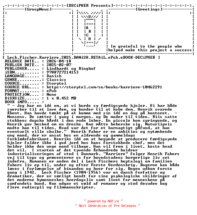 NFO for the release Leck.Fischer.Karriere.2025.DANiSH.RETAiL.ePub.eBOOK-DECiPHER by DECiPHER