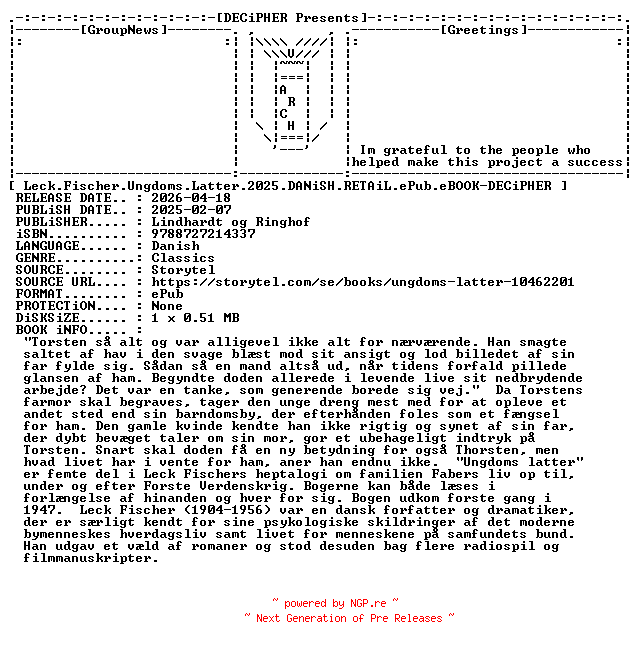 NFO for the release Leck.Fischer.Ungdoms.Latter.2025.DANiSH.RETAiL.ePub.eBOOK-DECiPHER by DECiPHER