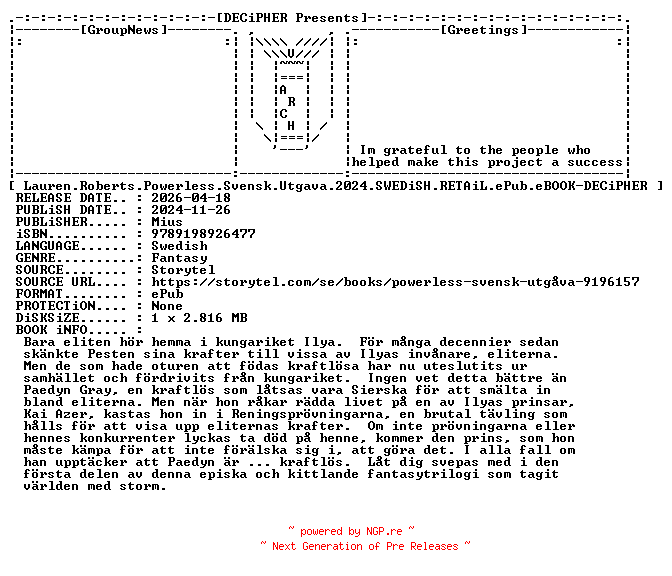 NFO for the release Lauren.Roberts.Powerless.Svensk.Utgava.2024.SWEDiSH.RETAiL.ePub.eBOOK-DECiPHER by DECiPHER