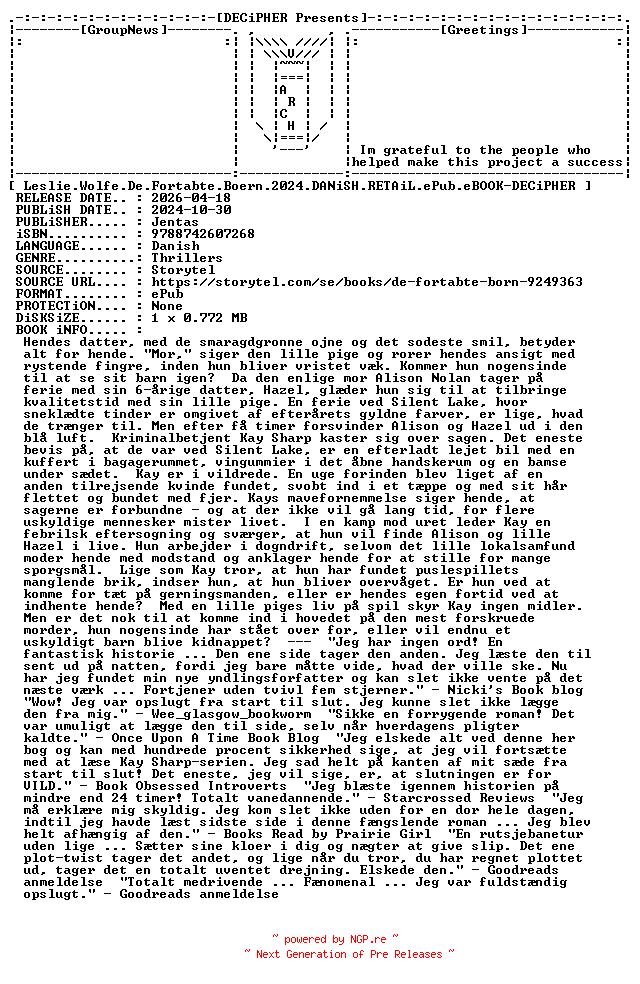 NFO for the release Leslie.Wolfe.De.Fortabte.Boern.2024.DANiSH.RETAiL.ePub.eBOOK-DECiPHER by DECiPHER