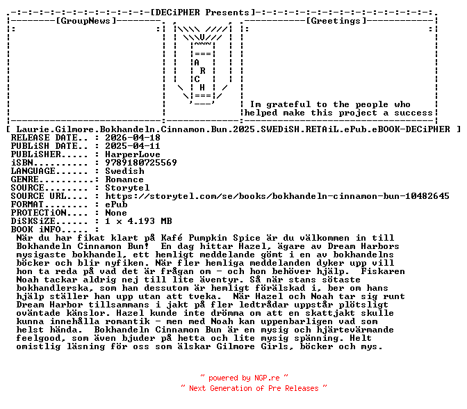 NFO for the release Laurie.Gilmore.Bokhandeln.Cinnamon.Bun.2025.SWEDiSH.RETAiL.ePub.eBOOK-DECiPHER by DECiPHER