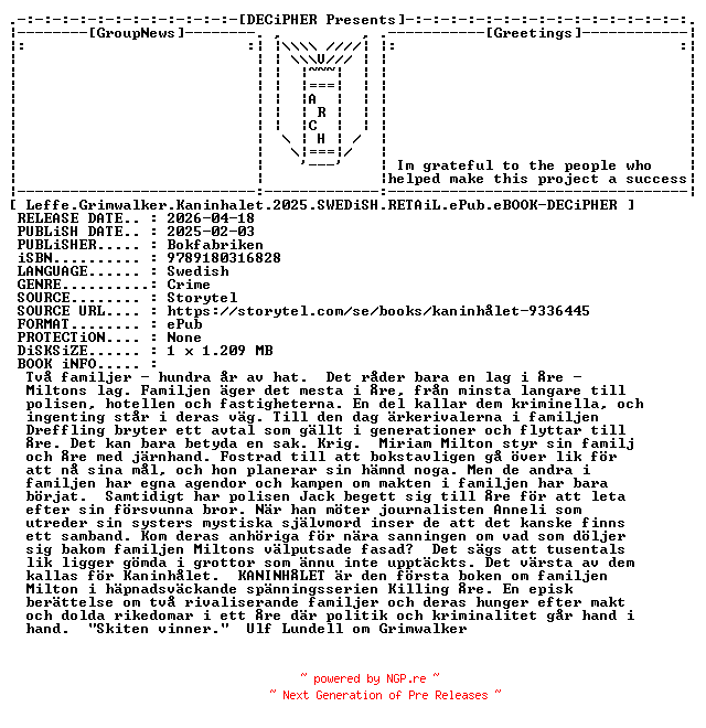 NFO for the release Leffe.Grimwalker.Kaninhalet.2025.SWEDiSH.RETAiL.ePub.eBOOK-DECiPHER by DECiPHER