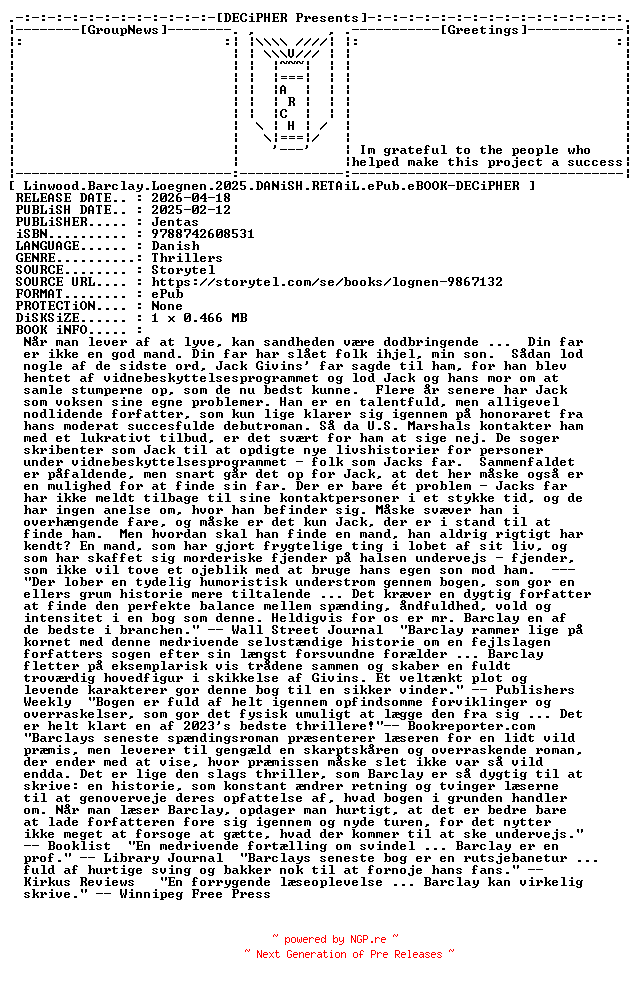 NFO for the release Linwood.Barclay.Loegnen.2025.DANiSH.RETAiL.ePub.eBOOK-DECiPHER by DECiPHER
