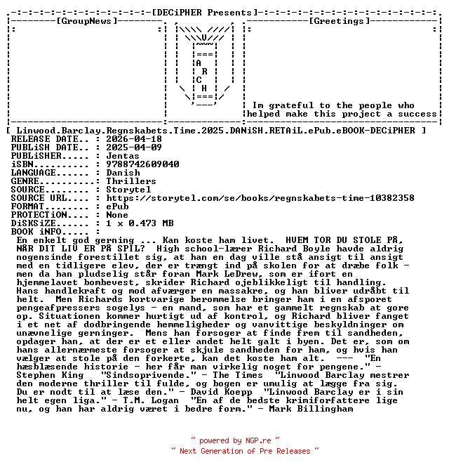 NFO for the release Linwood.Barclay.Regnskabets.Time.2025.DANiSH.RETAiL.ePub.eBOOK-DECiPHER by DECiPHER