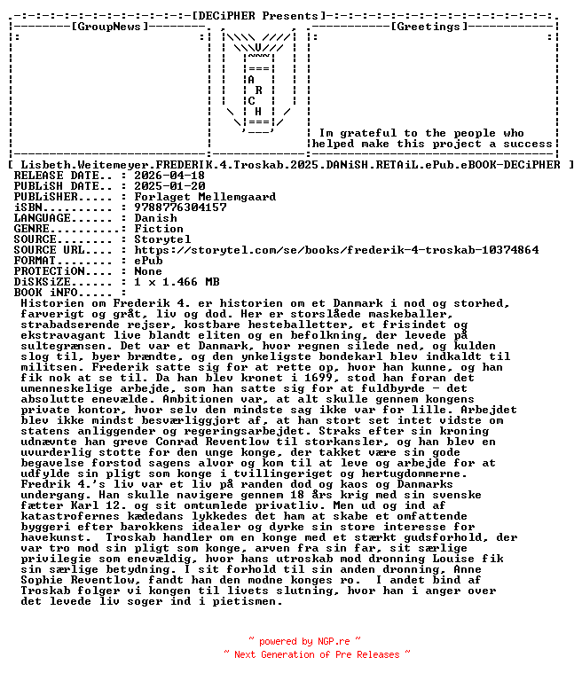 NFO for the release Lisbeth.Weitemeyer.Frederik.4.Troskab.2025.DANiSH.RETAiL.ePub.eBOOK-DECiPHER by DECiPHER