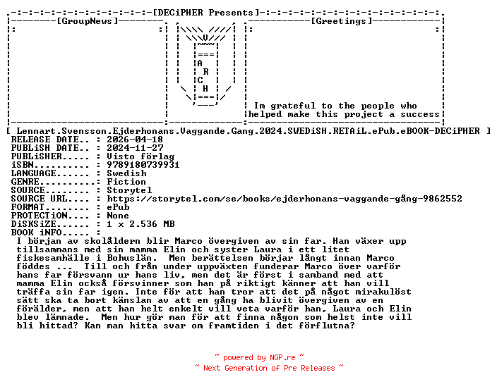 NFO for the release Lennart.Svensson.Ejderhonans.Vaggande.Gang.2024.SWEDiSH.RETAiL.ePub.eBOOK-DECiPHER by DECiPHER