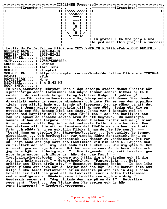NFO for the release Leslie.Wolfe.De.Fallna.Flickorna.2025.SWEDiSH.RETAiL.ePub.eBOOK-DECiPHER by DECiPHER