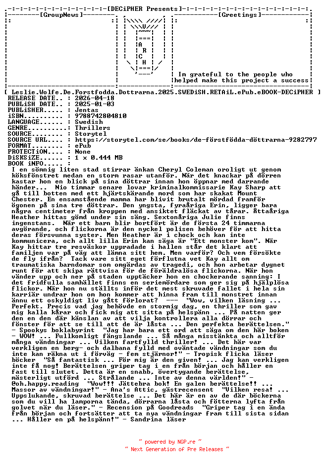 NFO for the release Leslie.Wolfe.De.Forstfodda.Dottrarna.2025.SWEDiSH.RETAiL.ePub.eBOOK-DECiPHER by DECiPHER