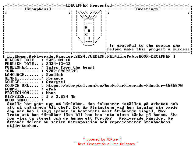NFO for the release Li.Ekman.Arkiverade.Kanslor.2024.SWEDiSH.RETAiL.ePub.eBOOK-DECiPHER by DECiPHER