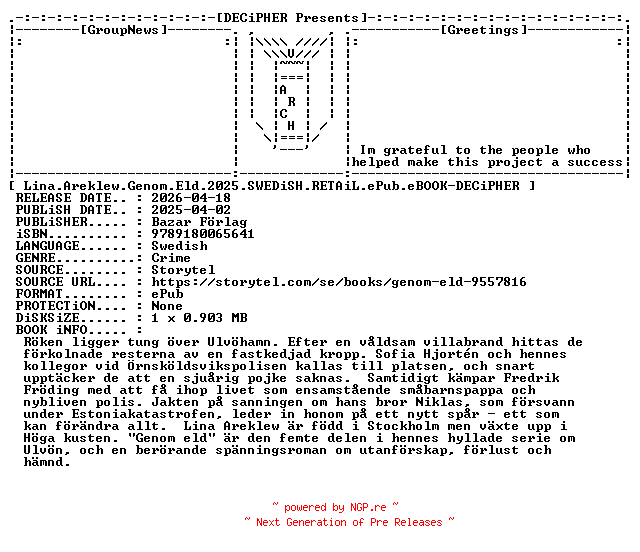 NFO for the release Lina.Areklew.Genom.Eld.2025.SWEDiSH.RETAiL.ePub.eBOOK-DECiPHER by DECiPHER