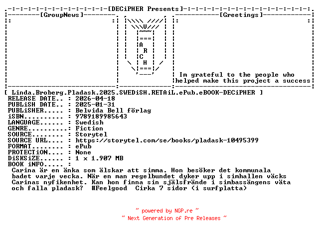 NFO for the release Linda.Broberg.Pladask.2025.SWEDiSH.RETAiL.ePub.eBOOK-DECiPHER by DECiPHER