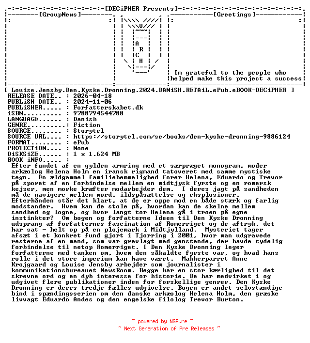 NFO for the release Louise.Jensby.Den.Kyske.Dronning.2024.DANiSH.RETAiL.ePub.eBOOK-DECiPHER by DECiPHER