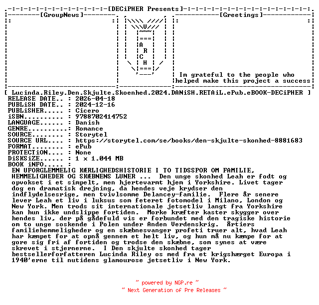 NFO for the release Lucinda.Riley.Den.Skjulte.Skoenhed.2024.DANiSH.RETAiL.ePub.eBOOK-DECiPHER by DECiPHER