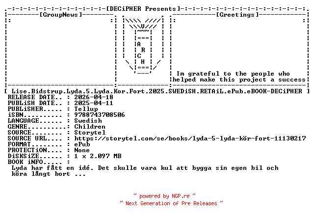 NFO for the release Lise.Bidstrup.Lyda.5.Lyda.Kor.Fort.2025.SWEDiSH.RETAiL.ePub.eBOOK-DECiPHER by DECiPHER