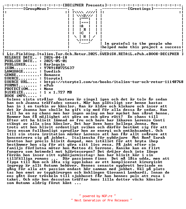 NFO for the release Liz.Fielding.Italien.Tur.Och.Retur.2025.SWEDiSH.RETAiL.ePub.eBOOK-DECiPHER by DECiPHER