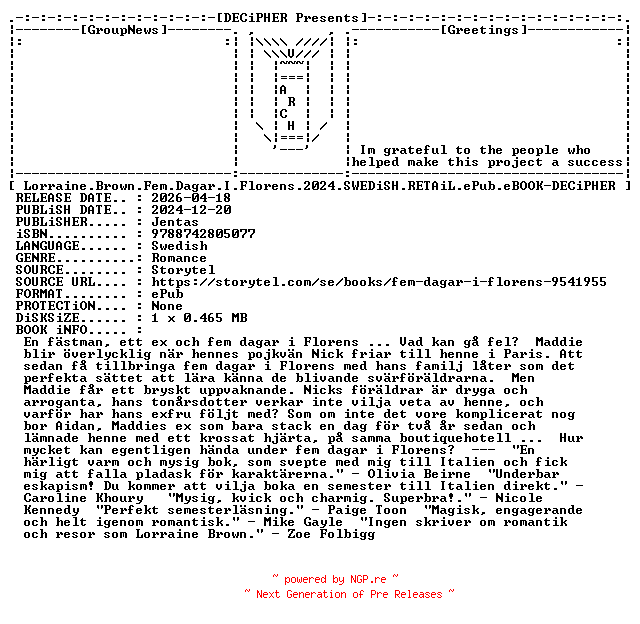 NFO for the release Lorraine.Brown.Fem.Dagar.I.Florens.2024.SWEDiSH.RETAiL.ePub.eBOOK-DECiPHER by DECiPHER