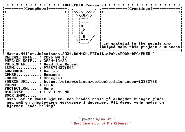 NFO for the release Maria.Miller.Julenissen.2024.DANiSH.RETAiL.ePub.eBOOK-DECiPHER by DECiPHER