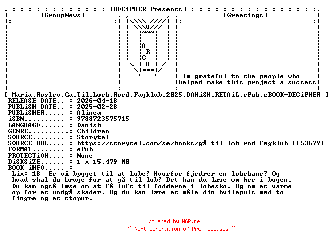 NFO for the release Maria.Roslev.Ga.Til.Loeb.Roed.Fagklub.2025.DANiSH.RETAiL.ePub.eBOOK-DECiPHER by DECiPHER