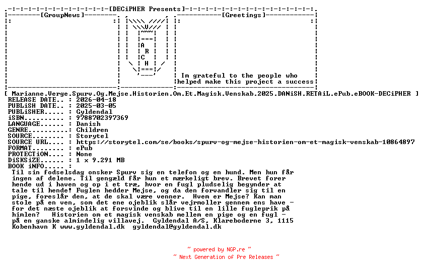 NFO for the release Marianne.Verge.Spurv.Og.Mejse.Historien.Om.Et.Magisk.Venskab.2025.DANiSH.RETAiL.ePub.eBOOK-DECiPHER by DECiPHER