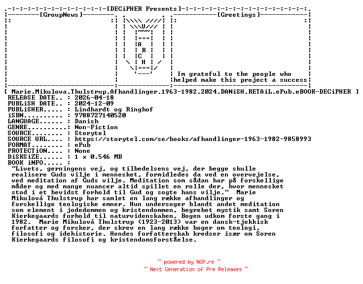 NFO for the release Marie.Mikulova.Thulstrup.Afhandlinger.1963-1982.2024.DANiSH.RETAiL.ePub.eBOOK-DECiPHER by DECiPHER
