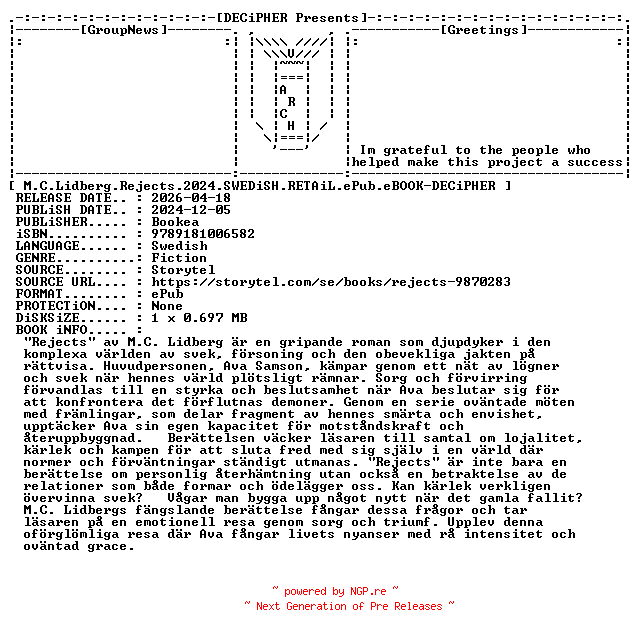 NFO for the release M.C.Lidberg.Rejects.2024.SWEDiSH.RETAiL.ePub.eBOOK-DECiPHER by DECiPHER