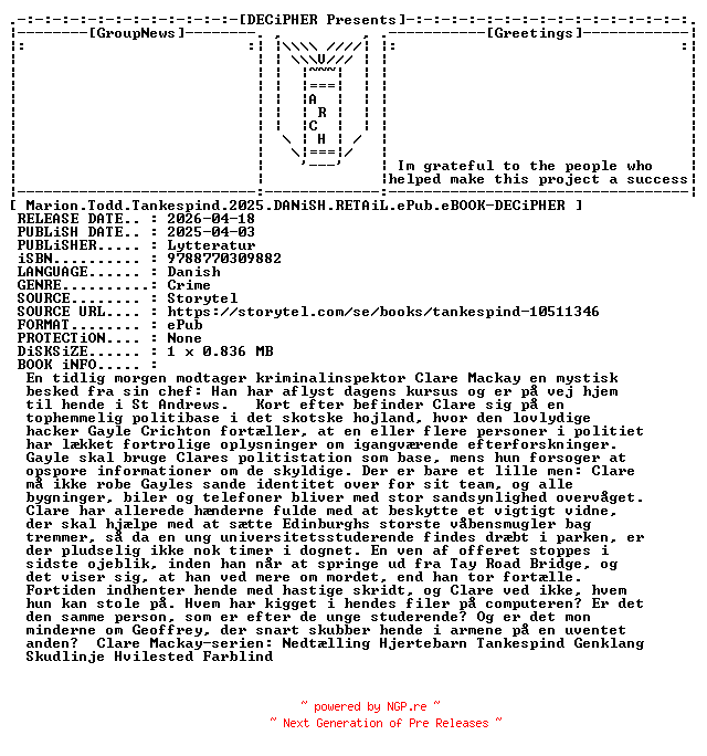 NFO for the release Marion.Todd.Tankespind.2025.DANiSH.RETAiL.ePub.eBOOK-DECiPHER by DECiPHER