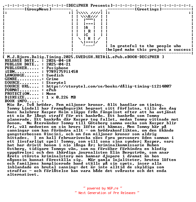 NFO for the release M.J.Bjorn.Dalig.Timing.2025.SWEDiSH.RETAiL.ePub.eBOOK-DECiPHER by DECiPHER