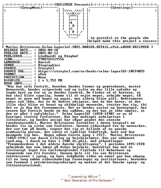 NFO for the release Marius.Kristensen.Selma.Lagerlof.2025.DANiSH.RETAiL.ePub.eBOOK-DECiPHER by DECiPHER