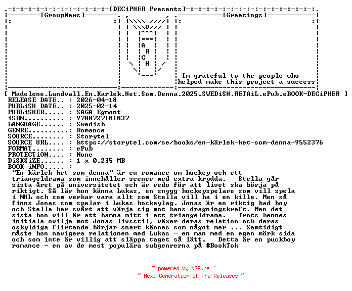 NFO for the release Madelene.Lundvall.En.Karlek.Het.Som.Denna.2025.SWEDiSH.RETAiL.ePub.eBOOK-DECiPHER by DECiPHER