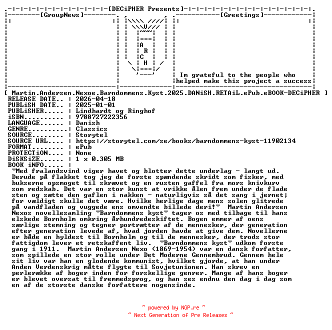 NFO for the release Martin.Andersen.Nexoe.Barndommens.Kyst.2025.DANiSH.RETAiL.ePub.eBOOK-DECiPHER by DECiPHER