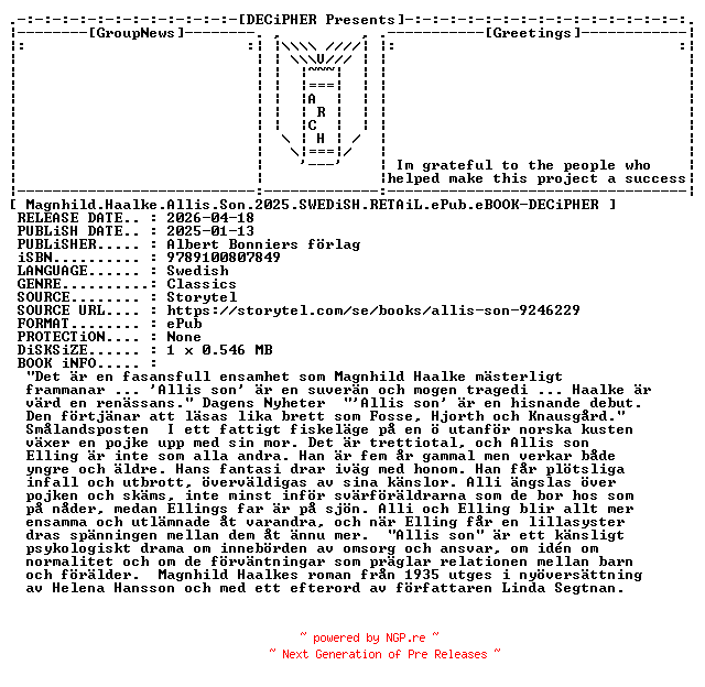 NFO for the release Magnhild.Haalke.Allis.Son.2025.SWEDiSH.RETAiL.ePub.eBOOK-DECiPHER by DECiPHER
