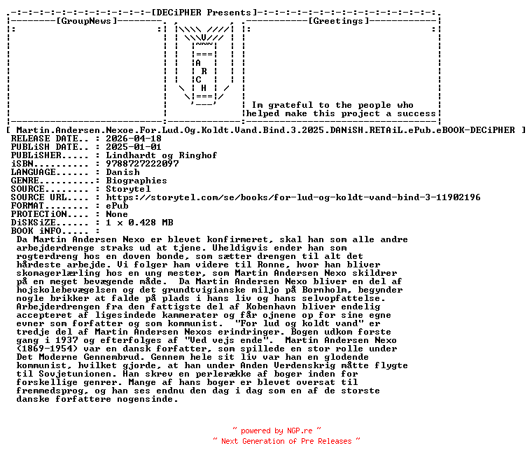 NFO for the release Martin.Andersen.Nexoe.For.Lud.Og.Koldt.Vand.Bind.3.2025.DANiSH.RETAiL.ePub.eBOOK-DECiPHER by DECiPHER