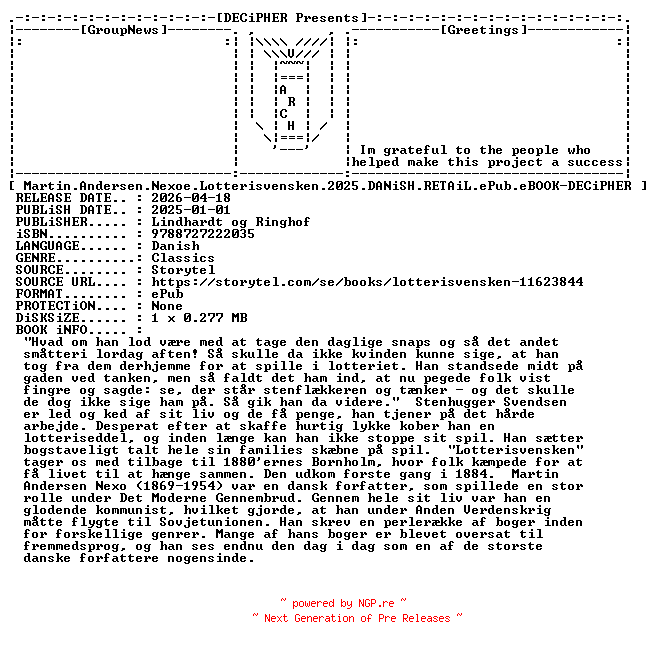 NFO for the release Martin.Andersen.Nexoe.Lotterisvensken.2025.DANiSH.RETAiL.ePub.eBOOK-DECiPHER by DECiPHER