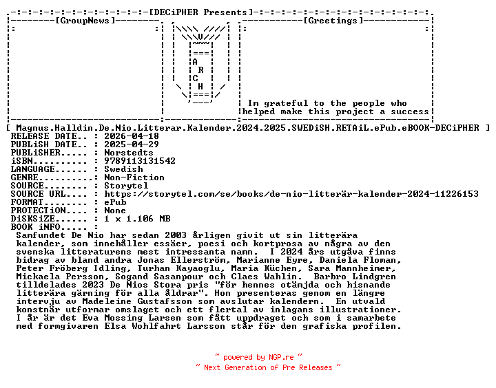 NFO for the release Magnus.Halldin.De.Nio.Litterar.Kalender.2024.2025.SWEDiSH.RETAiL.ePub.eBOOK-DECiPHER by DECiPHER