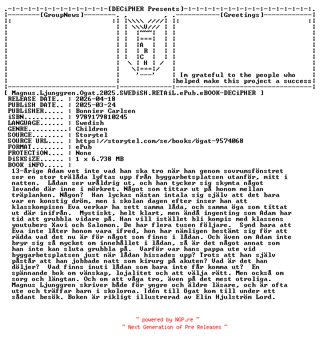 NFO for the release Magnus.Ljunggren.Ogat.2025.SWEDiSH.RETAiL.ePub.eBOOK-DECiPHER by DECiPHER