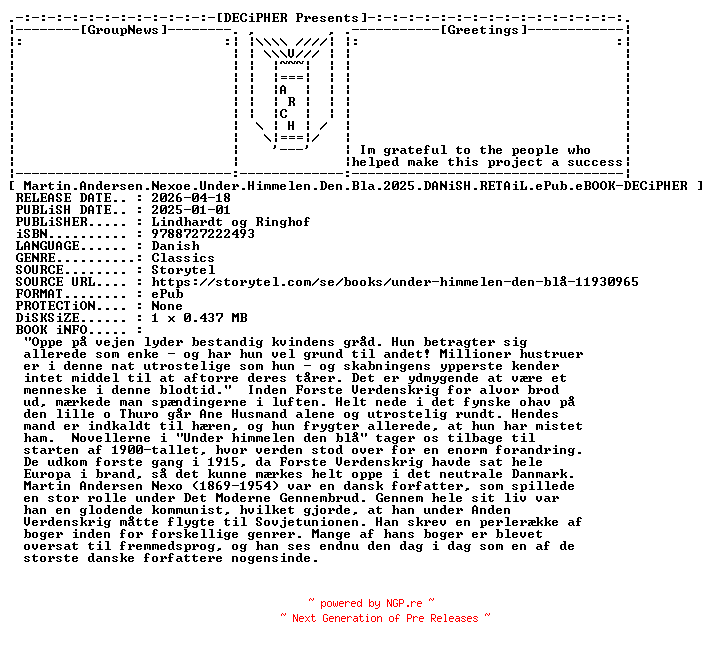 NFO for the release Martin.Andersen.Nexoe.Under.Himmelen.Den.Bla.2025.DANiSH.RETAiL.ePub.eBOOK-DECiPHER by DECiPHER