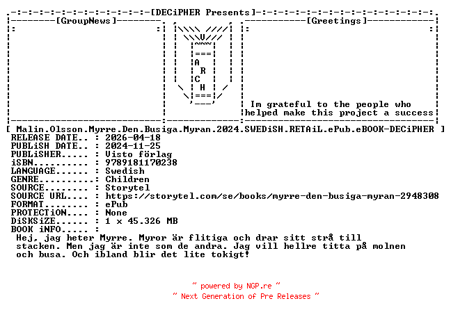 NFO for the release Malin.Olsson.Myrre.Den.Busiga.Myran.2024.SWEDiSH.RETAiL.ePub.eBOOK-DECiPHER by DECiPHER