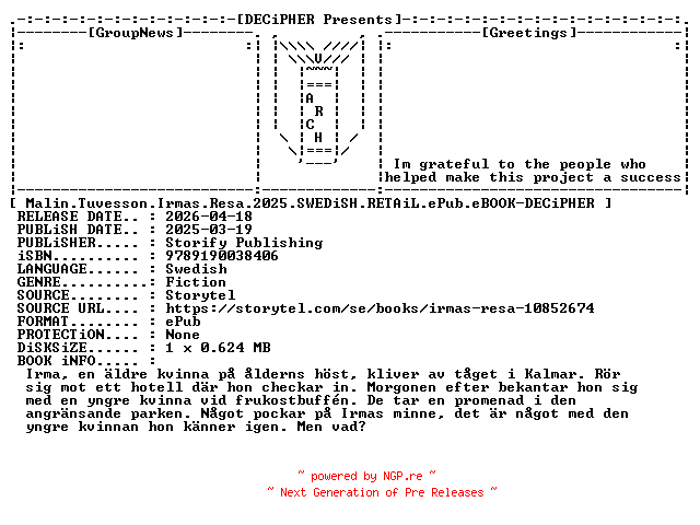 NFO for the release Malin.Tuvesson.Irmas.Resa.2025.SWEDiSH.RETAiL.ePub.eBOOK-DECiPHER by DECiPHER