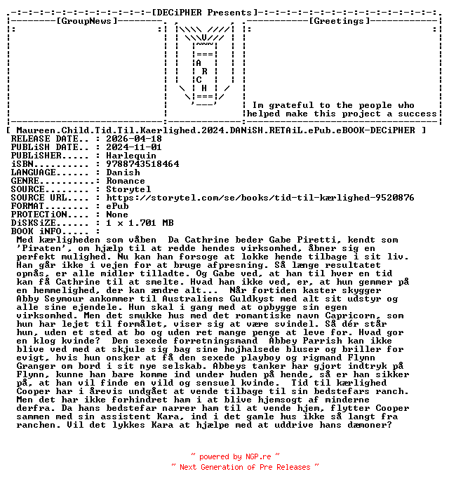 NFO for the release Maureen.Child.Tid.Til.Kaerlighed.2024.DANiSH.RETAiL.ePub.eBOOK-DECiPHER by DECiPHER